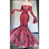Niulatu Mermaid Off The Shoulder Floral Red Long Sleeves Party Dresses Birthday Outfits SD1172