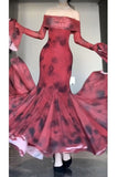 Niulatu Mermaid Off The Shoulder Floral Red Long Sleeves Party Dresses Birthday Outfits SD1172
