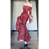 Niulatu Mermaid Off The Shoulder Floral Red Long Sleeves Party Dresses Birthday Outfits SD1172