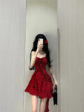 Niulatu A line Spaghetti Straps Red Short Ruffles Skirt Birthday Dresses Birthday Outfits SD1177