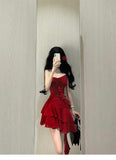 Niulatu A line Spaghetti Straps Red Short Ruffles Skirt Birthday Dresses Birthday Outfits SD1177