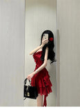 Niulatu A line Spaghetti Straps Red Short Ruffles Skirt Birthday Dresses Birthday Outfits SD1177