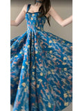 Niulatu A line Spaghetti Straps Royal Blue Floral Long Birthday Dresses Prom Dress Birthday Outfits SD1187