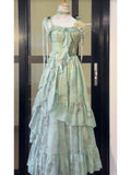Niulatu A line Spaghetti Straps Green Floral Long Birthday Dresses Prom Dress Birthday Outfits SD1189