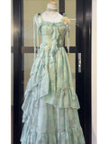 Niulatu A line Spaghetti Straps Green Floral Long Birthday Dresses Prom Dress Birthday Outfits SD1189