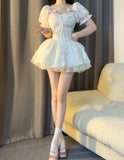 Niulatu Ball Gown Short Sleeves White Lace Lolita Dresses Party Dress Birthday Outfits SD1192