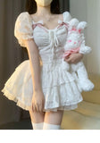 Niulatu Ball Gown Short Sleeves White Lace Lolita Dresses Party Dress Birthday Outfits SD1192
