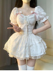 Niulatu Ball Gown Short Sleeves White Lace Lolita Dresses Party Dress Birthday Outfits SD1192