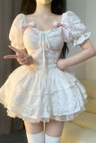 Niulatu Ball Gown Short Sleeves White Lace Lolita Dresses Party Dress Birthday Outfits SD1192