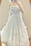 Niulatu A line Spaghetti Straps White Floral Long Birthday Dresses Prom Dress Chiffon Birthday Outfits SD1208
