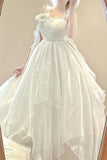 Niulatu A line Spaghetti Straps White Floral Long Birthday Dresses Prom Dress Chiffon Birthday Outfits SD1208