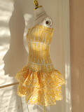 Niulatu Sheath Strapless Yellow Lace Vacation Dress Short Birthday Dresses SD120