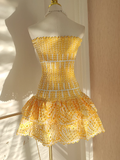 Niulatu Sheath Strapless Yellow Lace Vacation Dress Short Birthday Dresses SD120