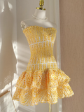 Niulatu Sheath Strapless Yellow Lace Vacation Dress Short Birthday Dresses SD120