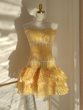 Niulatu Sheath Strapless Yellow Lace Vacation Dress Short Birthday Dresses SD120