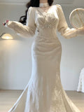 Niulatu Mermaid V Neckline Long Sleeves White Prom Dresses Night Dress Birthday Outfits SD1211