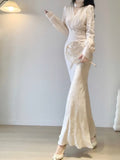 Niulatu Mermaid V Neckline Long Sleeves White Prom Dresses Night Dress Birthday Outfits SD1211