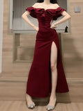 Niulatu Sheath Off The Shoulder Burgundy Slit Holiday Prom Dresses Night Dress Birthday Outfits SD1218