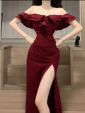 Niulatu Sheath Off The Shoulder Burgundy Slit Holiday Prom Dresses Night Dress Birthday Outfits SD1218