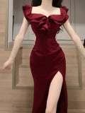 Niulatu Sheath Off The Shoulder Burgundy Slit Holiday Prom Dresses Night Dress Birthday Outfits SD1218