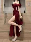 Niulatu Sheath Off The Shoulder Burgundy Slit Holiday Prom Dresses Night Dress Birthday Outfits SD1218