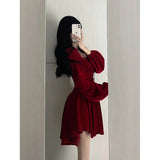 Niulatu A line Square Neckline Long Sleeves Red Velvet Party Dress Birthday Dresses Birthday Outfits SD1228