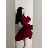 Niulatu A line Square Neckline Long Sleeves Red Velvet Party Dress Birthday Dresses Birthday Outfits SD1228