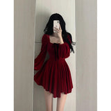 Niulatu A line Square Neckline Long Sleeves Red Velvet Party Dress Birthday Dresses Birthday Outfits SD1228