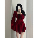 Niulatu A line Square Neckline Long Sleeves Red Velvet Party Dress Birthday Dresses Birthday Outfits SD1228