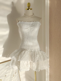 Niulatu Sheath Strapless White Lace Vacation Dress Short Birthday Dresses SD122