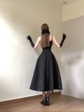 Niulatu A line Spaghetti Straps Black Satin Women's Beach Dress Vacation Dresses Birthday Dress SD1232