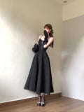 Niulatu A line Spaghetti Straps Black Satin Women's Beach Dress Vacation Dresses Birthday Dress SD1232