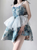 Niulatu Ball Gown Spaghetti Straps Blue Satin Floral Holiday Dress Birthday Dresses Birthday Outfits SD1238