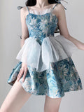 Niulatu Ball Gown Spaghetti Straps Blue Satin Floral Holiday Dress Birthday Dresses Birthday Outfits SD1238