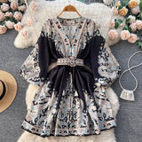 Niulatu A line Long Sleeves Long Sleeves Black Floral Holiday Dresses Autumn Beach Dress SD1267
