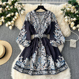 Niulatu A line Long Sleeves Long Sleeves Black Floral Holiday Dresses Autumn Beach Dress SD1268