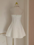 Niulatu A line Strapless Satin White Flowers Vacation Dress Women Short Dresses SD126