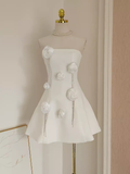 Niulatu A line Strapless Satin White Flowers Vacation Dress Women Short Dresses SD126