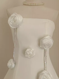 Niulatu A line Strapless Satin White Flowers Vacation Dress Women Short Dresses SD126