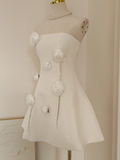 Niulatu A line Strapless Satin White Flowers Vacation Dress Women Short Dresses SD126