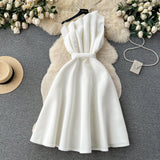 Niulatu A line One Shoulder Ruffles White Holiday Dresses Midi Length Women's Dress SD1278