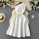 Niulatu A line One Shoulder Ruffles White Holiday Dresses Midi Length Women's Dress SD1278