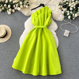Niulatu A line One Shoulder Ruffles Bud Green Holiday Dresses Midi Length Women's Dress SD1279
