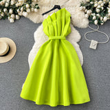 Niulatu A line One Shoulder Ruffles Bud Green Holiday Dresses Midi Length Women's Dress SD1279