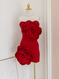 Niulatu Sheath Strapless Red Satin Travel Vacation Dress Short Birthday Dress SD127