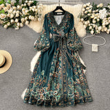 Niulatu A line Long Sleeves Green Floral Holiday Dresses Autumn Women's Dress SD1280