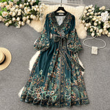 Niulatu A line Long Sleeves Green Floral Holiday Dresses Autumn Women's Dress SD1280