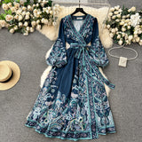Niulatu A line Long Sleeves Blue Floral Holiday Dresses Autumn Women's Dress SD1281