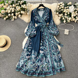 Niulatu A line Long Sleeves Blue Floral Holiday Dresses Autumn Women's Dress SD1281