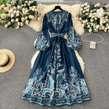 Niulatu A line Long Sleeves Blue Floral Holiday Dresses Autumn Women's Dress SD1281